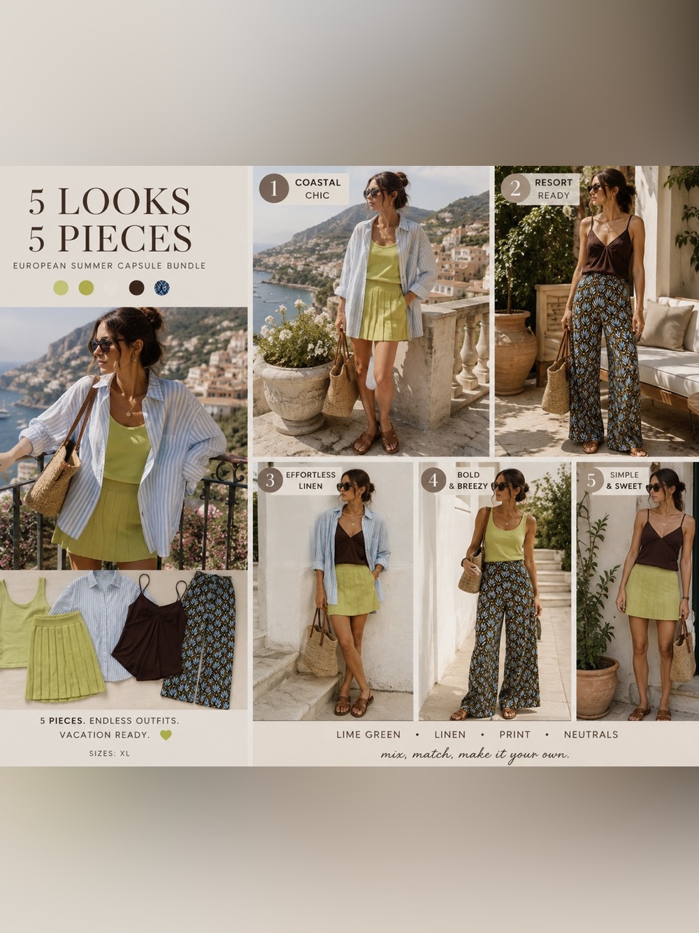 5 Pc Euro summer Capsule Bundle XL | Lime Green Hollister, Zara, Linen resort